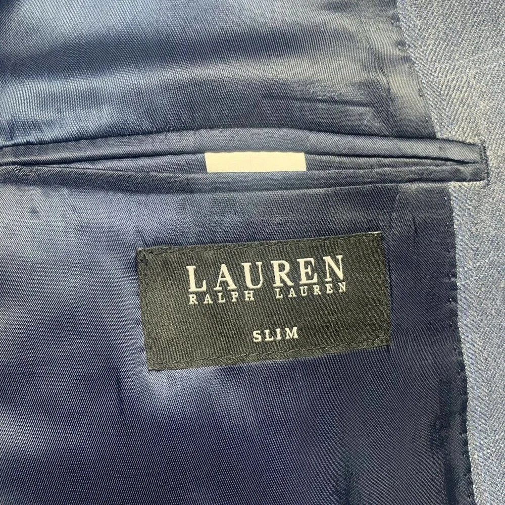 Ralph Lauren Silk Wool Blend Blazer Windowpane Mens Size 46R Blue Slim Fit EUC